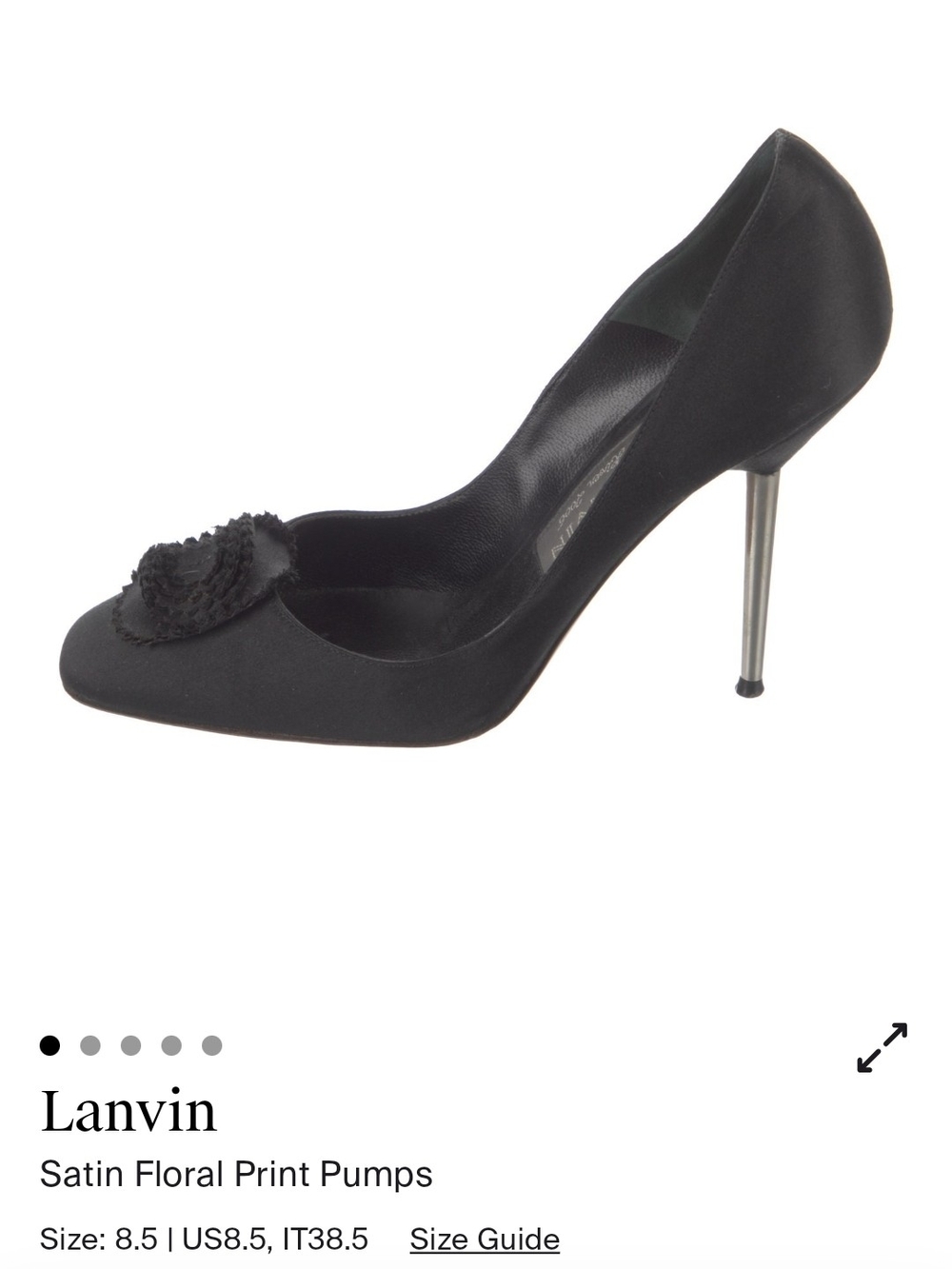 Lanvin Black Satin Pumps with Floral Rosette and Metallic Stiletto